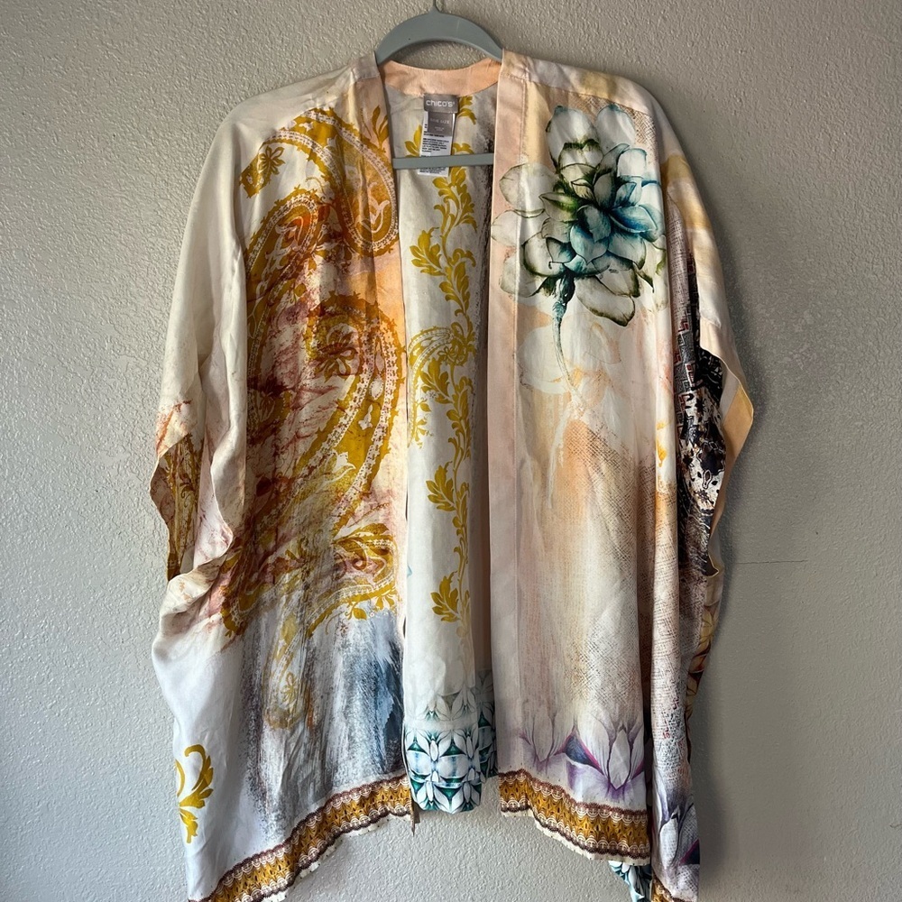 CHICO’S Satin Floral Kimono in White and Mustard Yellow